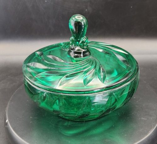 Teal green Indiana Glass Oleander Willow lidded candy dish for collectors.