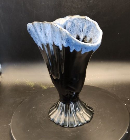 Signed black and blue drip glaze pottery fan vase, 7 inches, no chips or cracks.