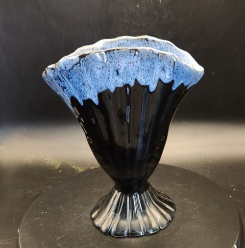 Signed black and blue drip glaze pottery fan vase, 7 inches, no chips or cracks.