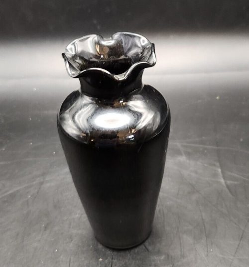 1930s black amethyst glass 6-inch ruffled top bud vase, vintage home decor.