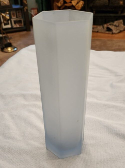 Blue Satan glass bud vase, 6-sided, 7 inches tall, decorative floral display.
