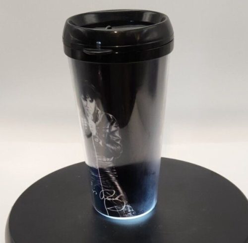 Black Elvis Presley travel mug featuring image of Elvis singing with microphone.