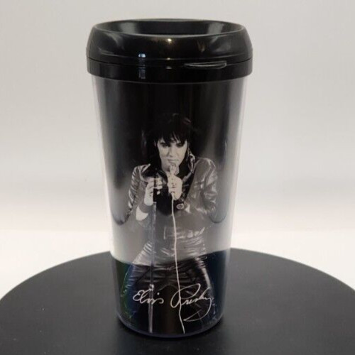 Black Elvis Presley travel mug featuring image of Elvis singing with microphone.
