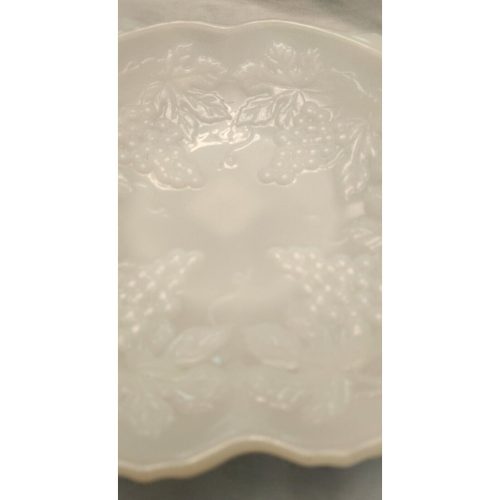 Frosted white milk glass serving tray with grape and leaf design.