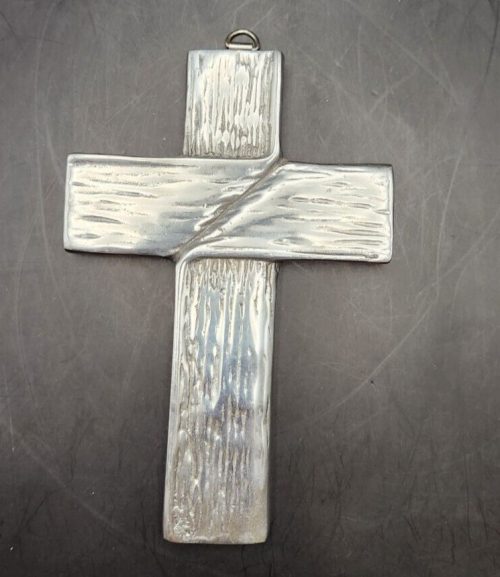 Handmade Pewter Cross Pendant, 3.5 by 2 inches, Silver Tone Religious Jewelry.