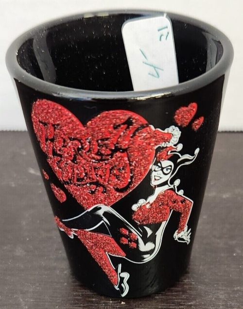 Harley Quinn Valentine Shot Glass with colorful comic design.