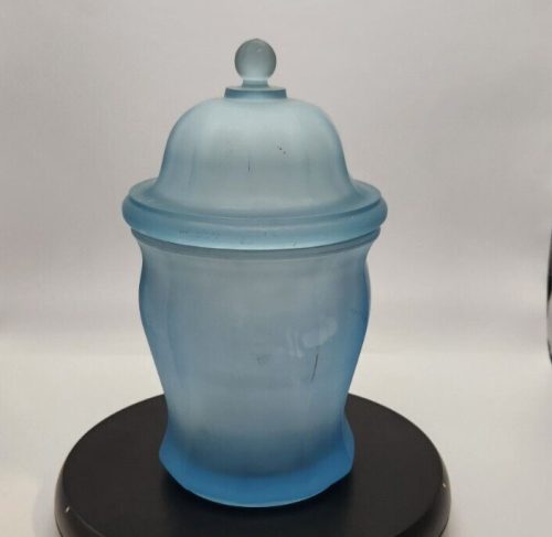 10-inch Indiana Blue Satin Glass Apothecary Jar for storage and decorative use.