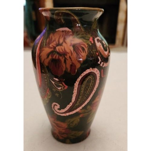 Mid-Century Modern Hand-Painted Porcelain Vase with Flowers and Paisley Designs.
