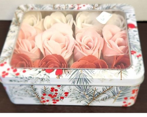 Soap roses bath float set with scented white, red, and pink petal soaps.