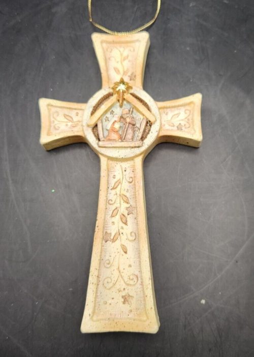Resin Holy Family Cross Ornament, 6-inch religious Christmas decor, Christian holiday gift.