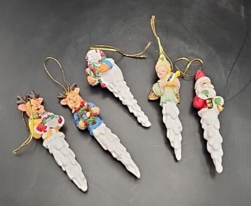 Set Of 5 Resin Santa And Friends Icicle Ornaments