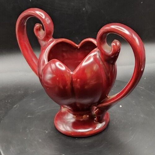 Vintage Burgundy Double-Handle Vase, Decorative French Ceramic, 8x6 Inches.