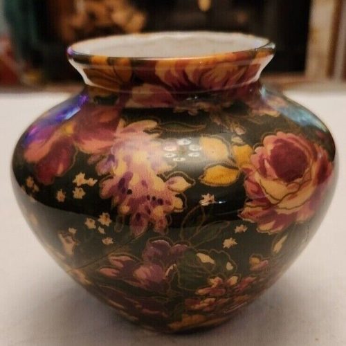 Vintage floral dark green decoupage Enesco squat vase for home decor.