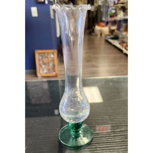 Green crackle glass footed bud vase with mid-century design.