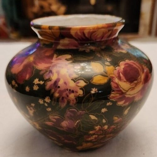 Vintage floral dark green decoupage Enesco squat vase for home décor.