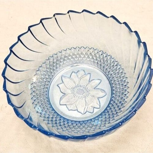 Vintage 1970s Indiana Glass Blue Sunflower Serving Bowl, 9-inch, KIG Indonesia.