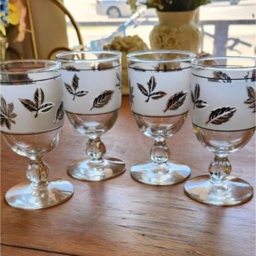 Set of 4 Vintage Libbey Silver Leaf Wheat Frosted Goblets