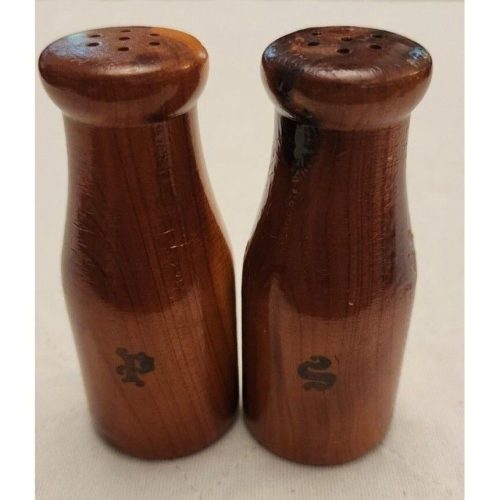 Vintage wooden milk bottle salt and pepper shakers, collectible kitchen decor, retro table accessories