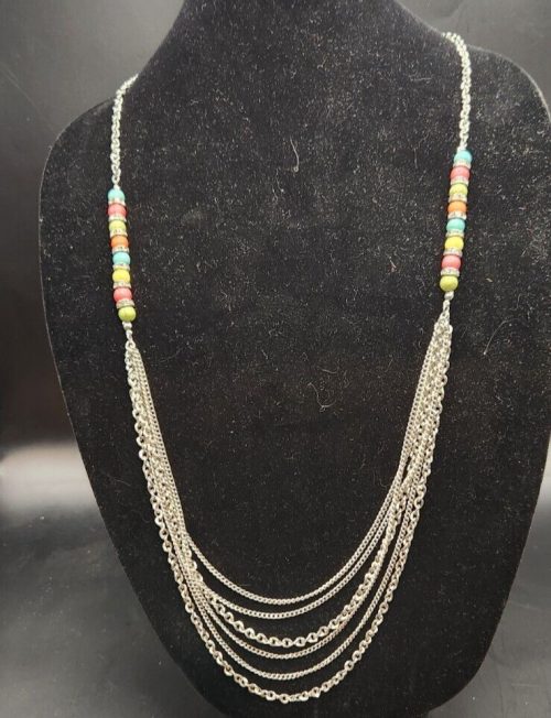 Colorful 40-inch layered beaded and chain fashion necklace for women.