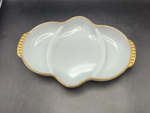 Fire King Milk Glass Ovenware 3-Compartment Veggies Tray for Baking and Serving.