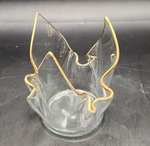 Clear glass handkerchief-style candle warmer with gold trim for safe, decorative fragrance warming.