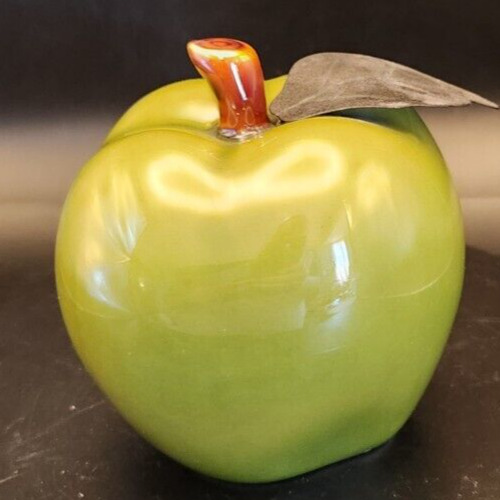 Green ceramic apple with aluminum leaf sculpture for decorative home décor.