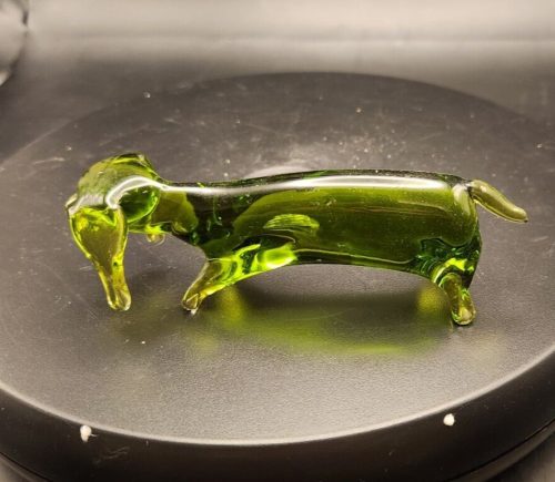 Hand-blown green glass Dachshund figurine, 5-inch art dog sculpture.