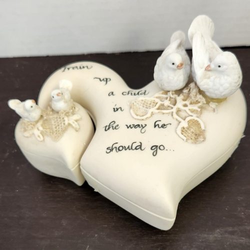 Ceramic Hearts and Doves Double Trinket Box for Jewelry Storage.