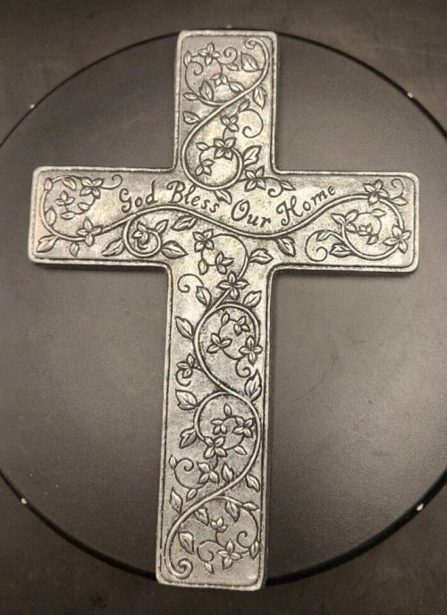 Mexico Pewter Cross Wall Hanging with God Bless Our Home inscription.