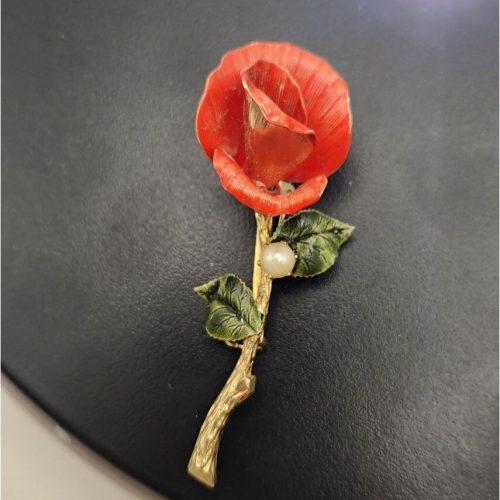 Orange and gold long stem rose brooch with pearl accent.