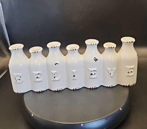 Rustic farmhouse mini milk bottle vase with BELIEVE inscription, 11-inch decorative bud vase.