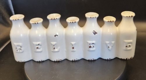 Rustic farmhouse mini milk bottle vase with BELIEVE inscription, 11-inch decorative budvase.