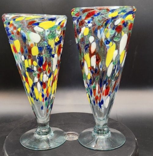 Set of 2 hand-blown confetti fused glass cocktail glasses, 8.5 inches tall.