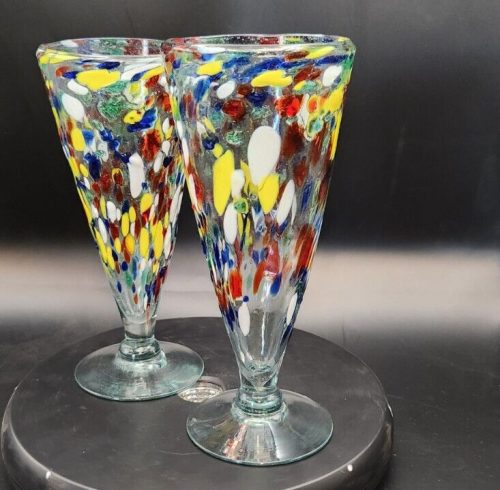 Set of 2 hand blown confetti fused glass cocktail glasses, 8.5 inches tall.