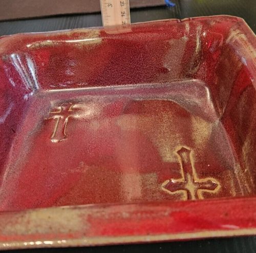 Handmade signed pottery glaze square religious dish for spiritual decor.