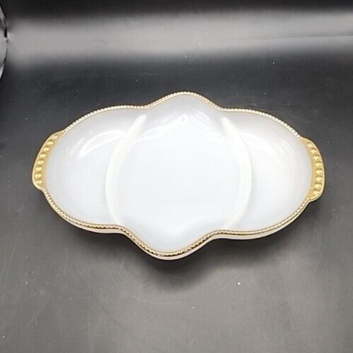 Fire King milk glass divided tray for vegetables with three compartments.