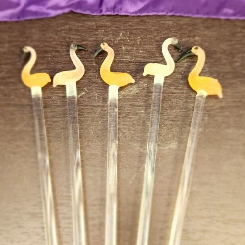 Set of five vintage glass flamingo swizzle sticks for cocktails.