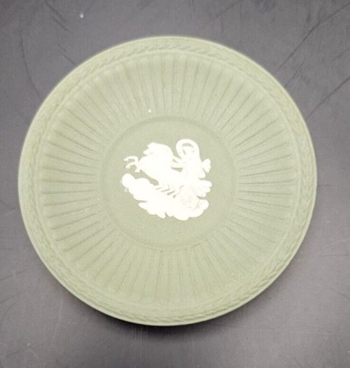 3-inch Wedgwood Green and White Chariot Decorative Plate with intricate design.