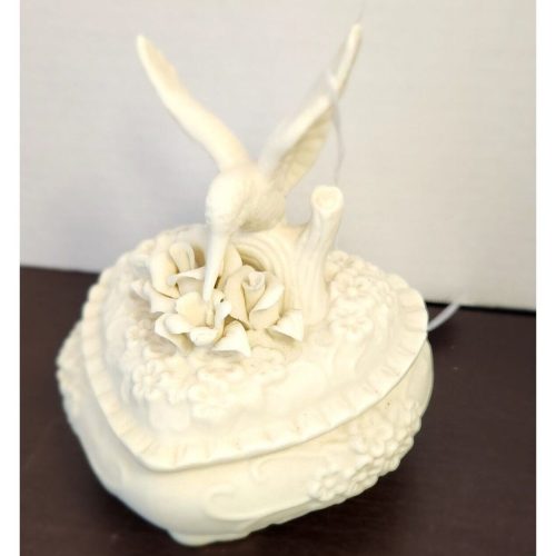 White bisque hummingbird lidded trinket box for decorative storage.