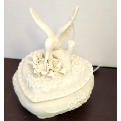White bisque hummingbird lidded trinket box for decorative storage and display.